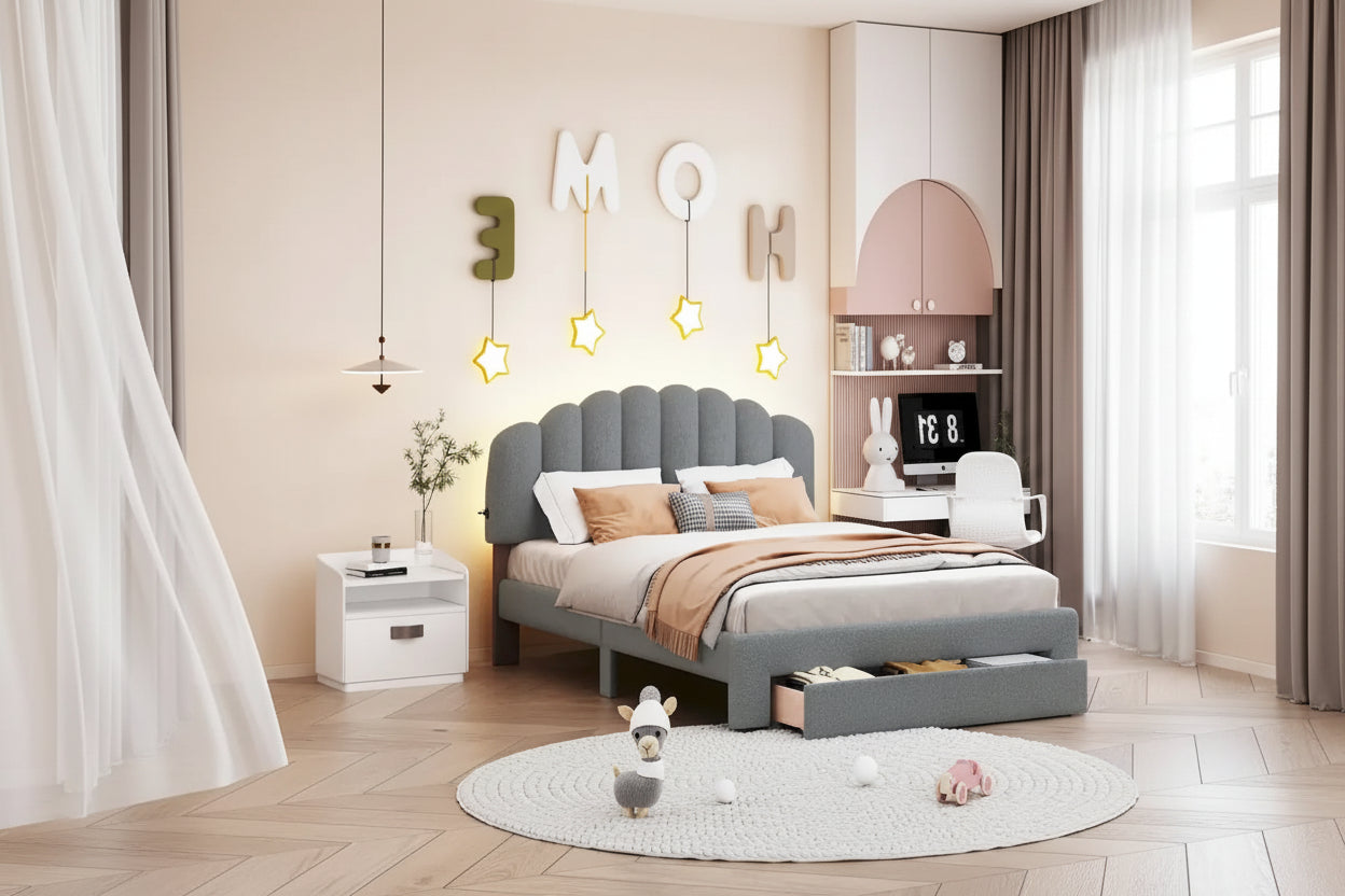Queen Size Upholstered Platform Bed with Drawer