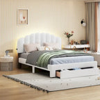 Lit plateforme Queen tapissé blanc/beige/gris avec LED et tiroir de rangement, 2 personnes