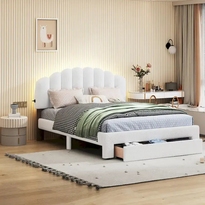 Lit plateforme Queen tapissé blanc/beige/gris avec LED et tiroir de rangement, 2 personnes