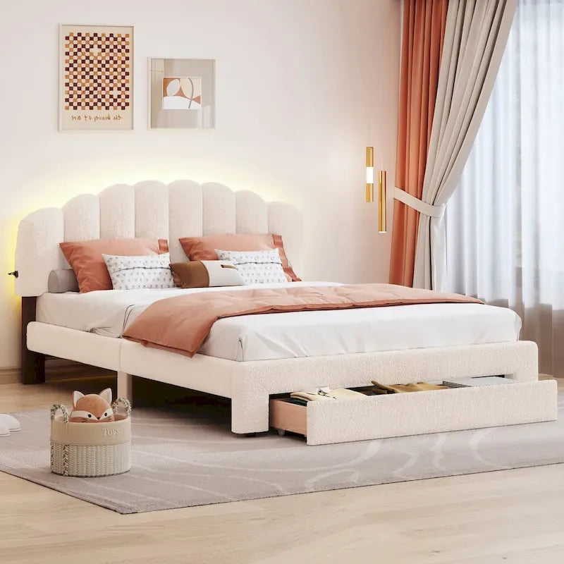Lit plateforme Queen tapissé blanc/beige/gris avec LED et tiroir de rangement, 2 personnes