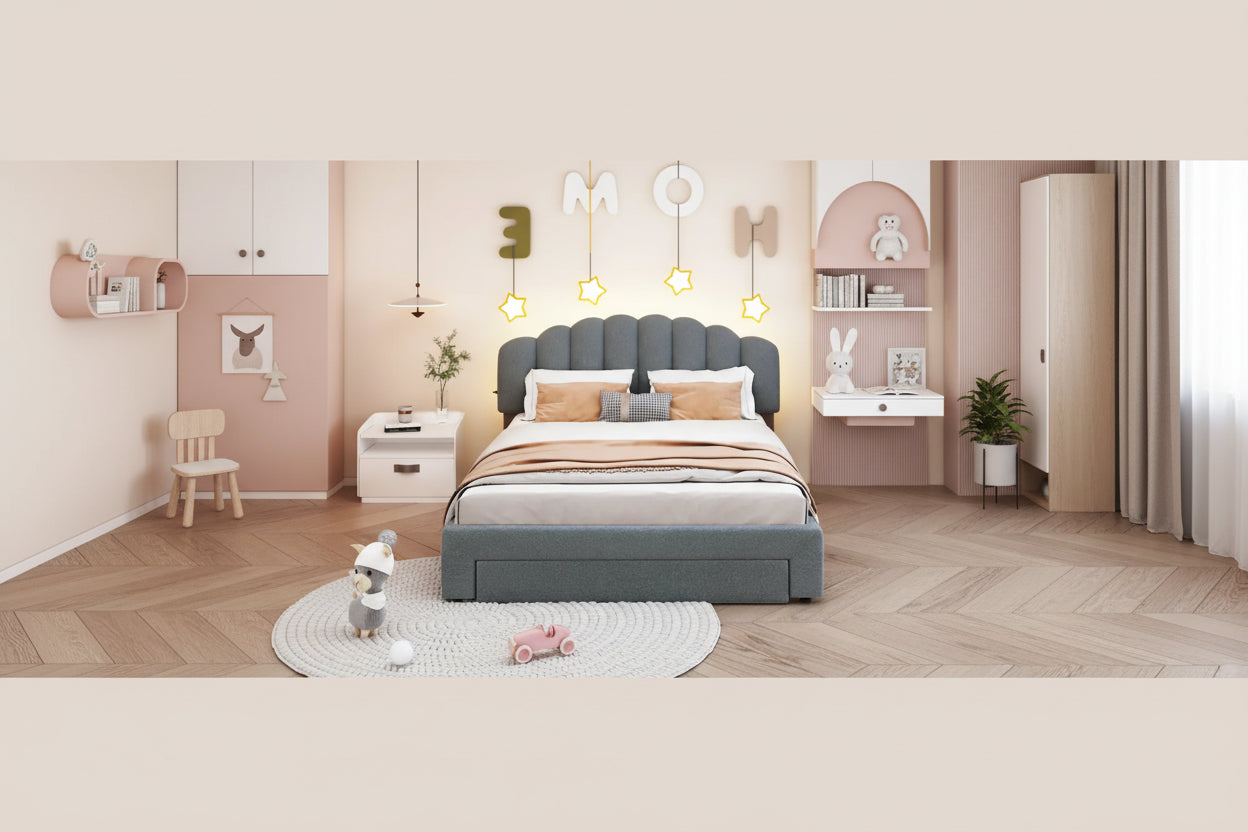 Lit plateforme Queen tapissé blanc/beige/gris avec LED et tiroir de rangement, 2 personnes