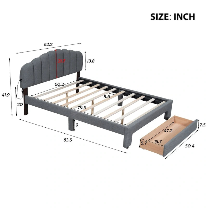 Lit plateforme Queen tapissé blanc/beige/gris avec LED et tiroir de rangement, 2 personnes
