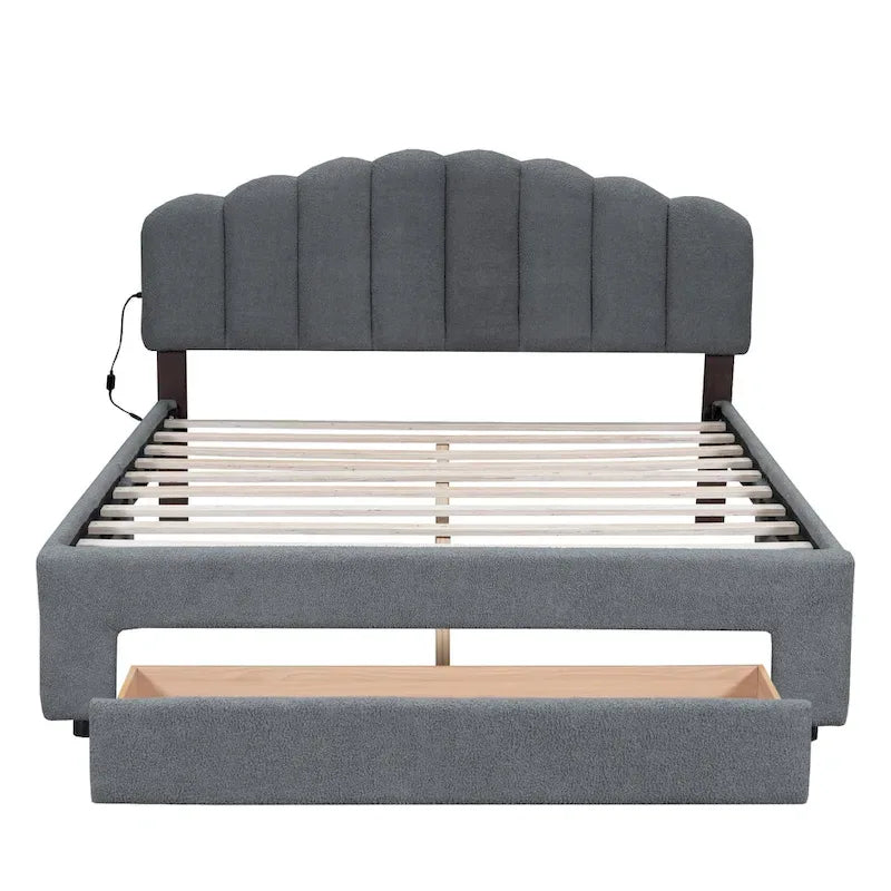 Lit plateforme Queen tapissé blanc/beige/gris avec LED et tiroir de rangement, 2 personnes