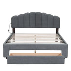 Lit plateforme Queen tapissé blanc/beige/gris avec LED et tiroir de rangement, 2 personnes