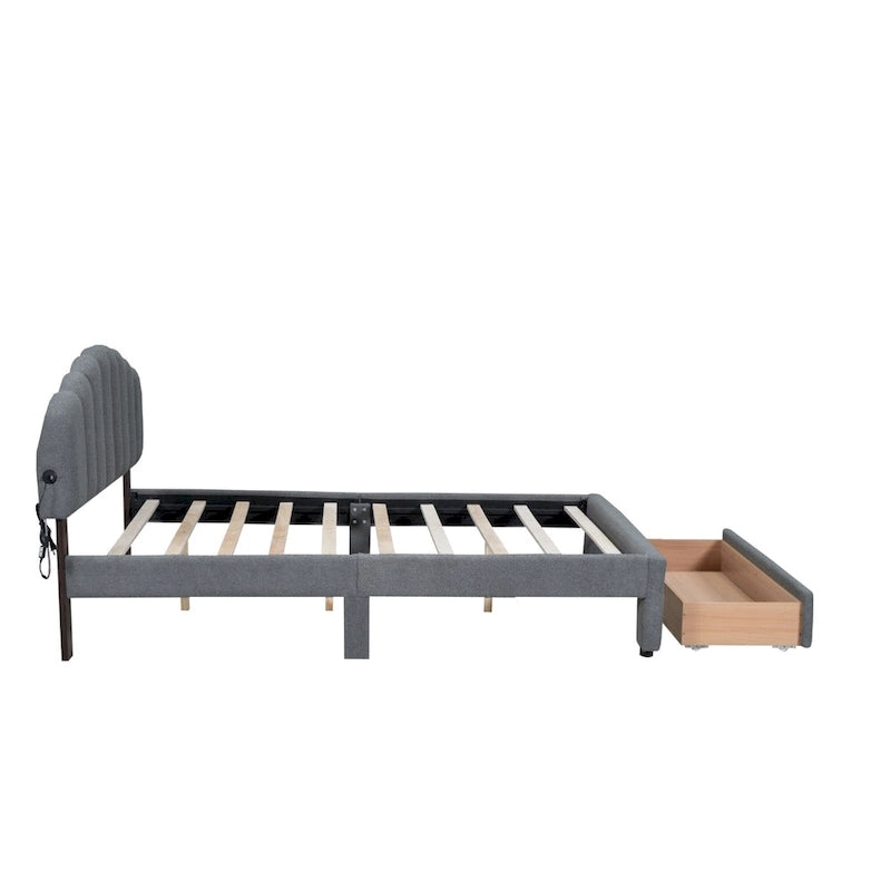 Lit plateforme Queen tapissé blanc/beige/gris avec LED et tiroir de rangement, 2 personnes