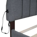 Lit plateforme Queen tapissé blanc/beige/gris avec LED et tiroir de rangement, 2 personnes