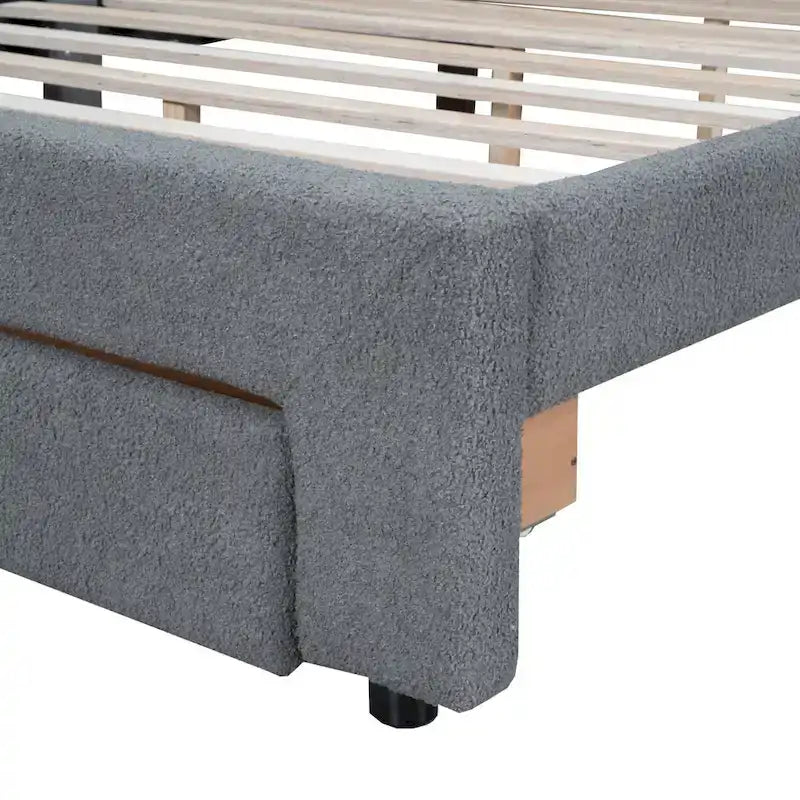 Lit plateforme Queen tapissé blanc/beige/gris avec LED et tiroir de rangement, 2 personnes