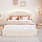 Lit plateforme Queen tapissé blanc/beige/gris avec LED et tiroir de rangement, 2 personnes