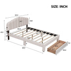 Lit plateforme Queen tapissé blanc/beige/gris avec LED et tiroir de rangement, 2 personnes