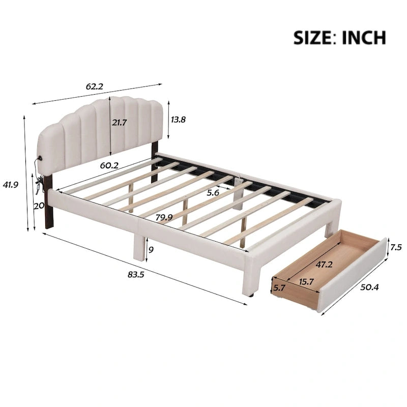 Lit plateforme Queen tapissé blanc/beige/gris avec LED et tiroir de rangement, 2 personnes