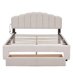 Lit plateforme Queen tapissé blanc/beige/gris avec LED et tiroir de rangement, 2 personnes