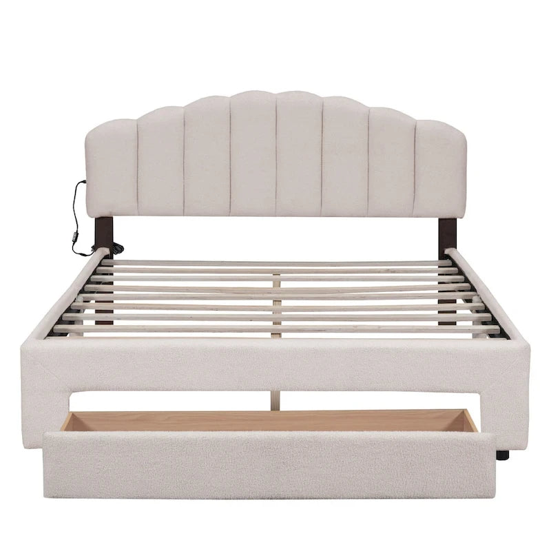 Lit plateforme Queen tapissé blanc/beige/gris avec LED et tiroir de rangement, 2 personnes