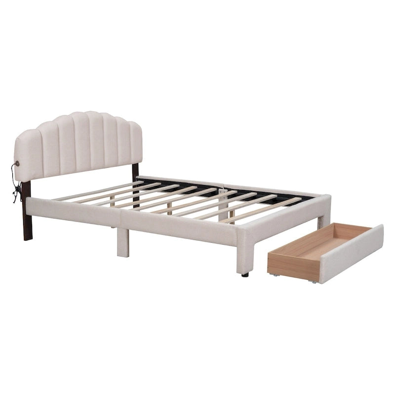 Lit plateforme Queen tapissé blanc/beige/gris avec LED et tiroir de rangement, 2 personnes