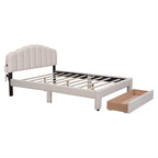 Lit plateforme Queen tapissé blanc/beige/gris avec LED et tiroir de rangement, 2 personnes