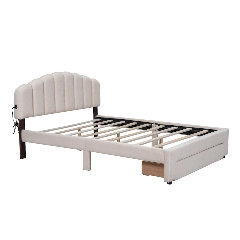 Lit plateforme Queen tapissé blanc/beige/gris avec LED et tiroir de rangement, 2 personnes