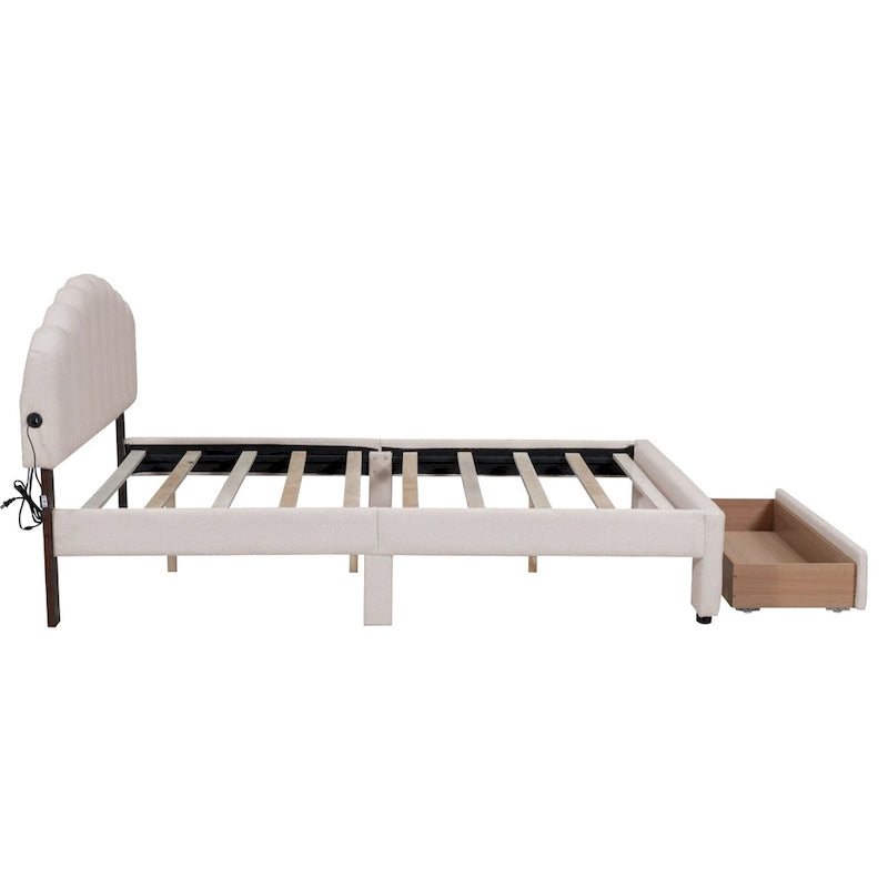 Lit plateforme Queen tapissé blanc/beige/gris avec LED et tiroir de rangement, 2 personnes