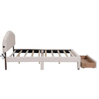 Lit plateforme Queen tapissé blanc/beige/gris avec LED et tiroir de rangement, 2 personnes