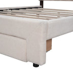 Lit plateforme Queen tapissé blanc/beige/gris avec LED et tiroir de rangement, 2 personnes