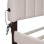 Lit plateforme Queen tapissé blanc/beige/gris avec LED et tiroir de rangement, 2 personnes