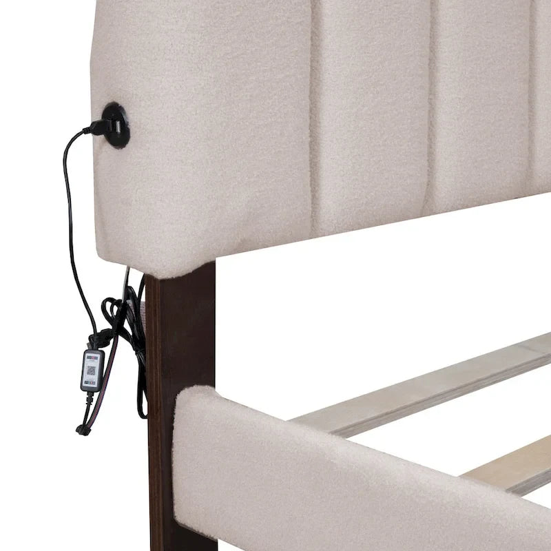 Lit plateforme Queen tapissé blanc/beige/gris avec LED et tiroir de rangement, 2 personnes
