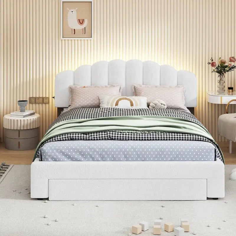 Lit plateforme Queen tapissé blanc/beige/gris avec LED et tiroir de rangement, 2 personnes