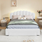 Lit plateforme Queen tapissé blanc/beige/gris avec LED et tiroir de rangement, 2 personnes