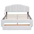 Lit plateforme Queen tapissé blanc/beige/gris avec LED et tiroir de rangement, 2 personnes