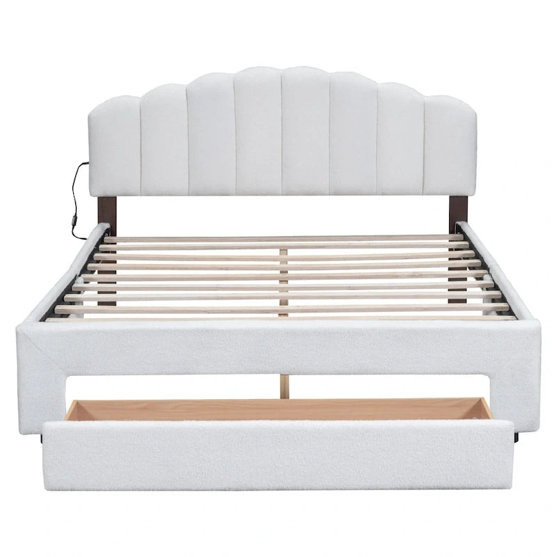 Lit plateforme Queen tapissé blanc/beige/gris avec LED et tiroir de rangement, 2 personnes