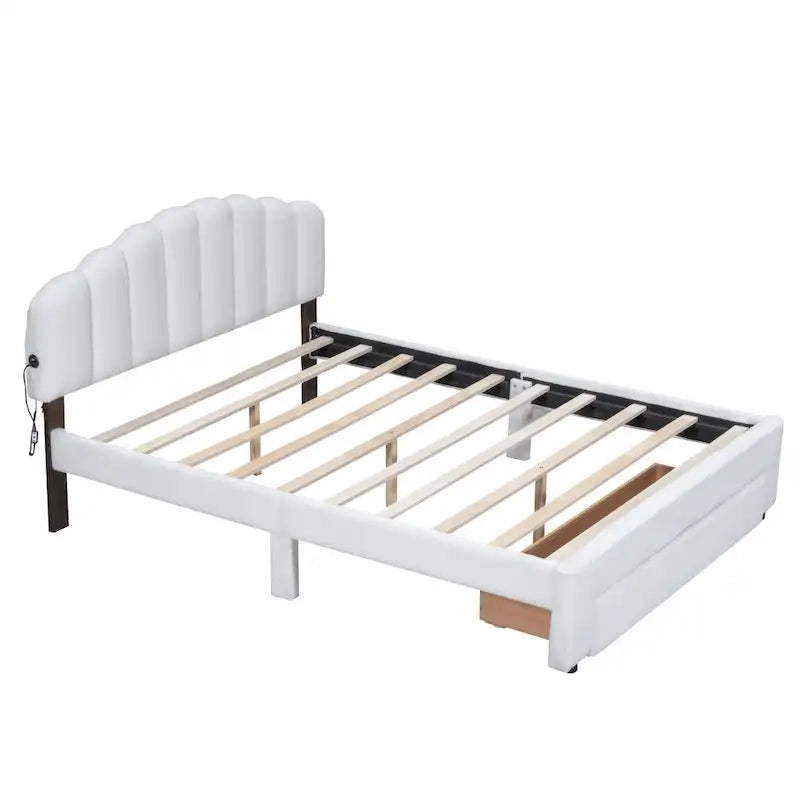 Lit plateforme Queen tapissé blanc/beige/gris avec LED et tiroir de rangement, 2 personnes