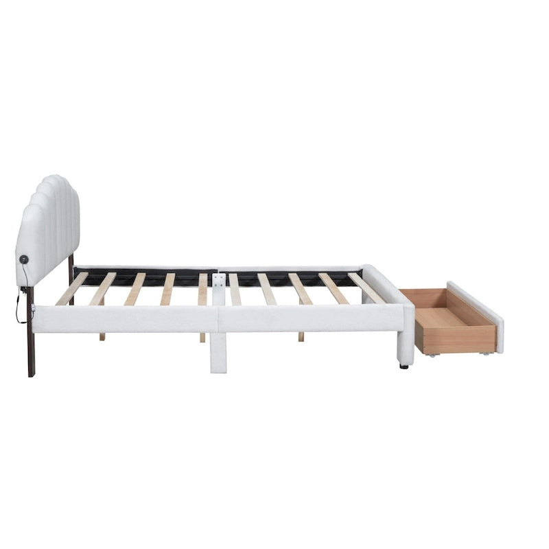 Lit plateforme Queen tapissé blanc/beige/gris avec LED et tiroir de rangement, 2 personnes