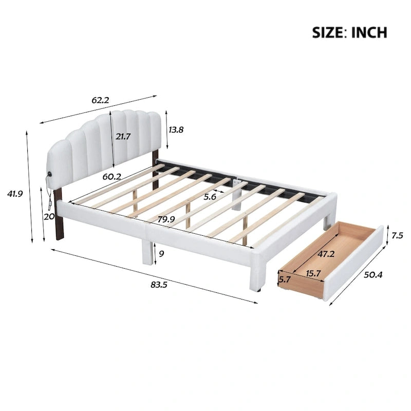 Lit plateforme Queen tapissé blanc/beige/gris avec LED et tiroir de rangement, 2 personnes