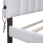 Lit plateforme Queen tapissé blanc/beige/gris avec LED et tiroir de rangement, 2 personnes