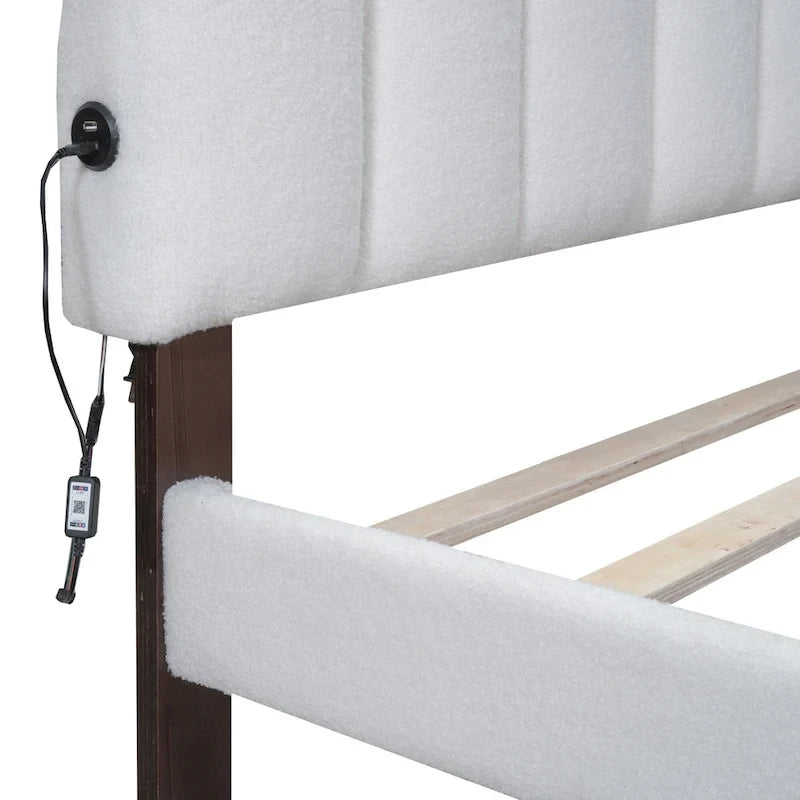 Lit plateforme Queen tapissé blanc/beige/gris avec LED et tiroir de rangement, 2 personnes