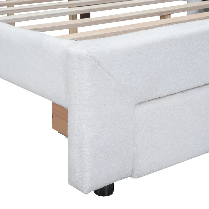 Lit plateforme Queen tapissé blanc/beige/gris avec LED et tiroir de rangement, 2 personnes