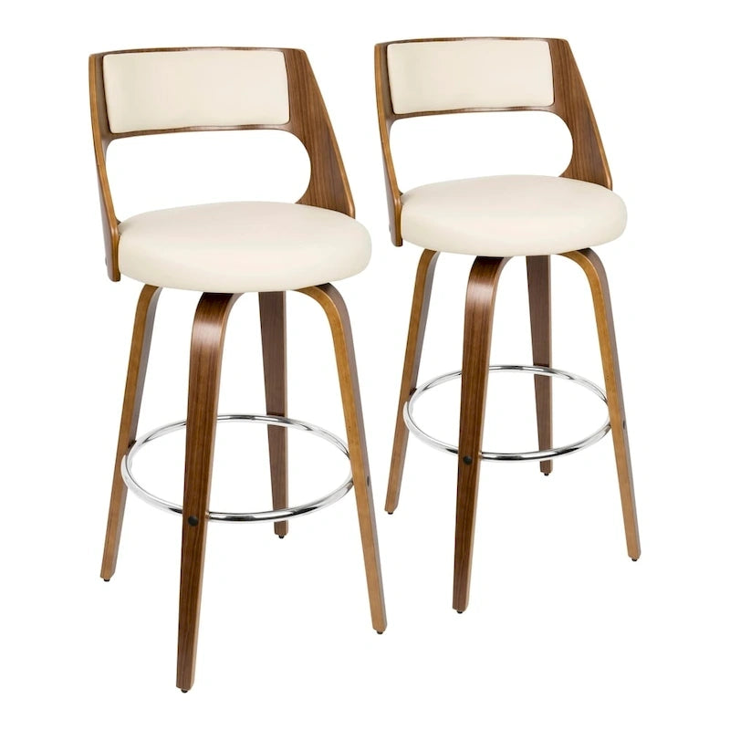 Tabouret de bar pivotant en similicuir crème/marron/gris, pieds en bois, lot de 2