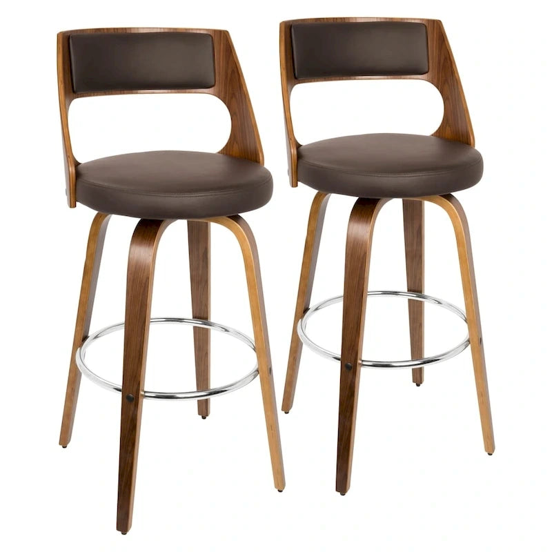 Tabouret de bar pivotant en similicuir crème/marron/gris, pieds en bois, lot de 2