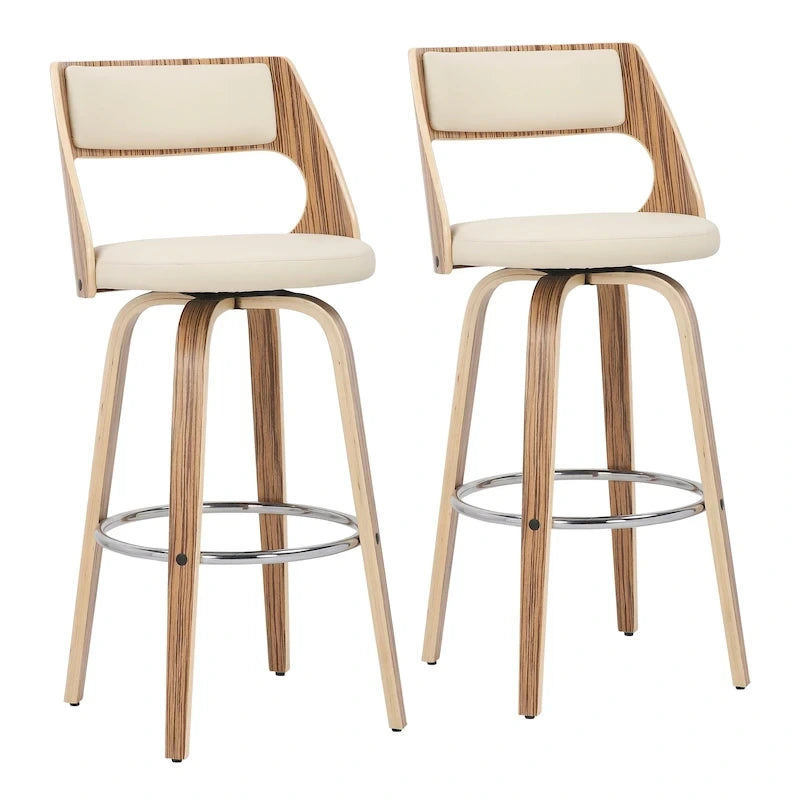 Tabouret de bar pivotant en similicuir crème/marron/gris, pieds en bois, lot de 2