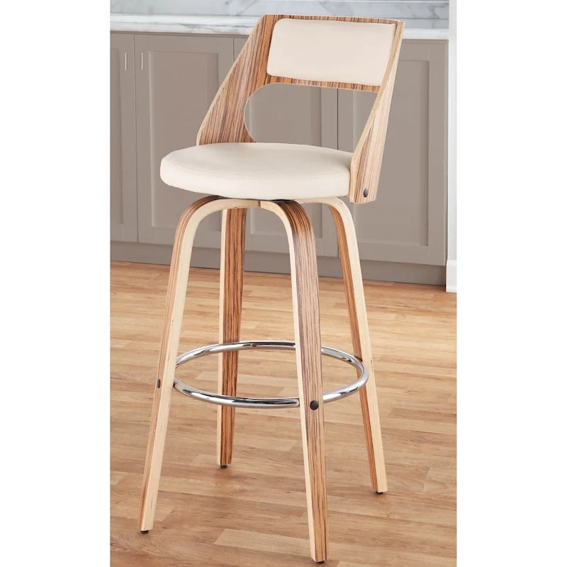Tabouret de bar pivotant en similicuir crème/marron/gris, pieds en bois, lot de 2