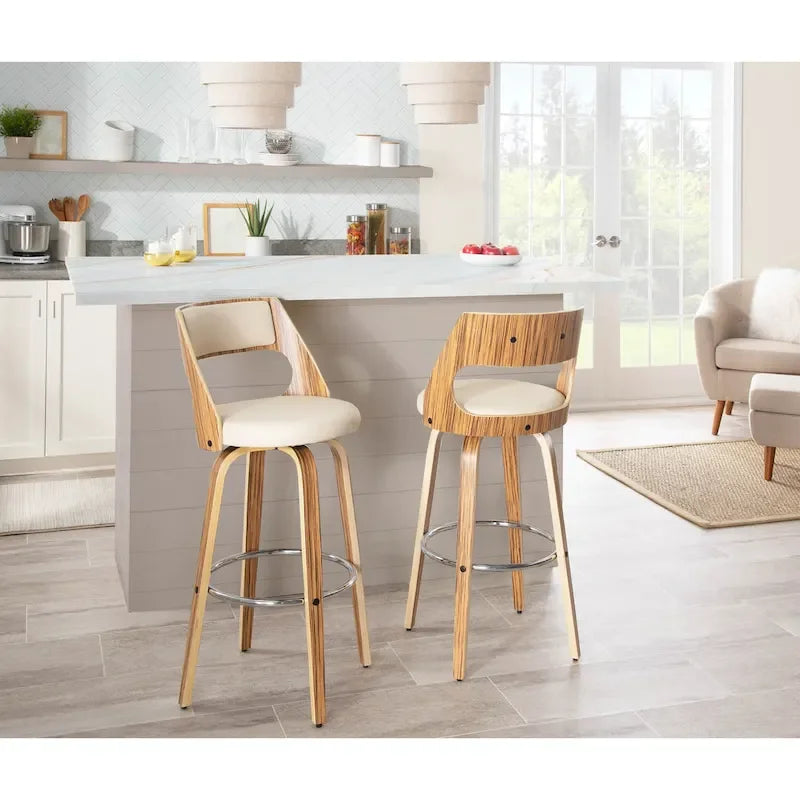 Tabouret de bar pivotant en similicuir crème/marron/gris, pieds en bois, lot de 2
