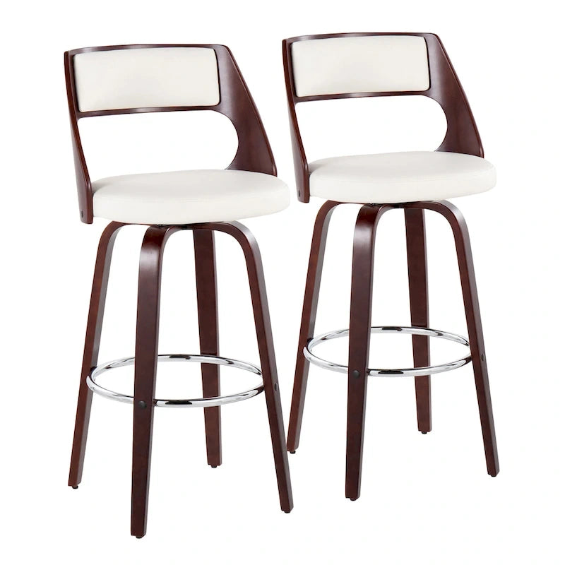 Tabouret de bar pivotant en similicuir crème/marron/gris, pieds en bois, lot de 2