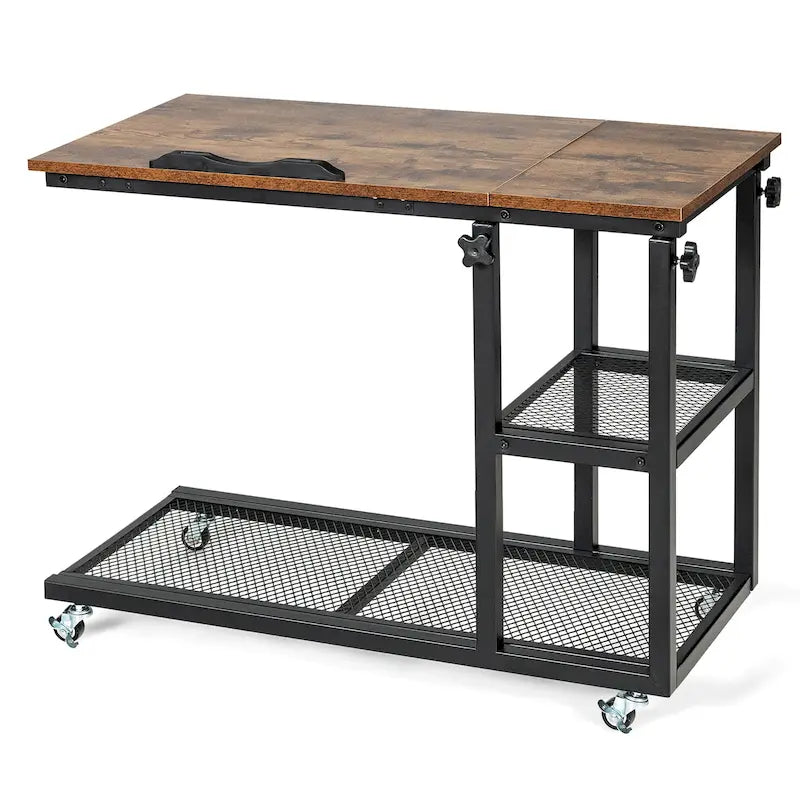 Table d'appoint roulante réglable en hauteur en forme de C, marron rustique, 1 personne