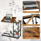 Table d'appoint roulante réglable en hauteur en forme de C, marron rustique, 1 personne