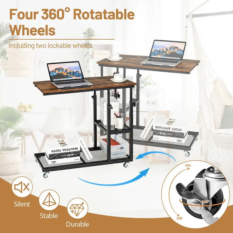 Table d'appoint roulante réglable en hauteur en forme de C, marron rustique, 1 personne