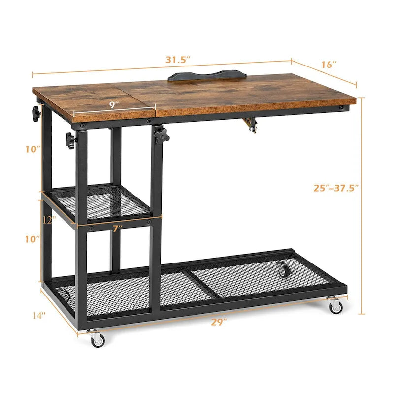 Table d'appoint roulante réglable en hauteur en forme de C, marron rustique, 1 personne