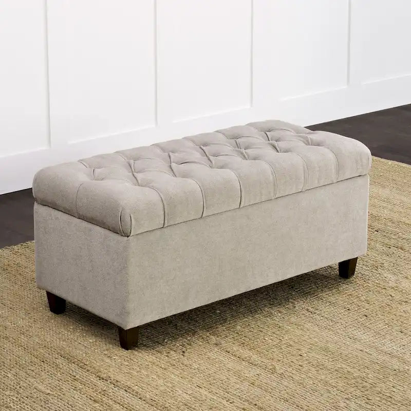 Banc de rangement capitonné gris avec couvercle à charnière, 1 personne