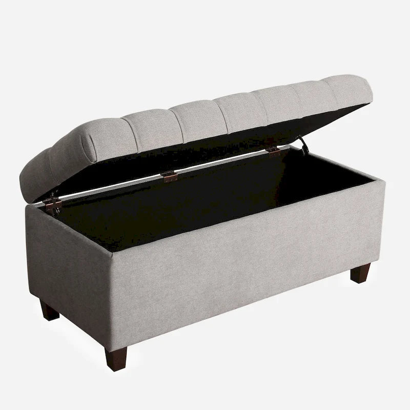 Banc de rangement capitonné gris avec couvercle à charnière, 1 personne