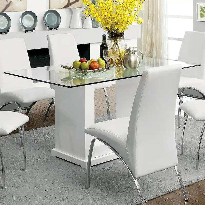 Ensemble de salle à manger contemporain blanc avec plateau en verre, 7 pièces, pour 4 à 6 personnes