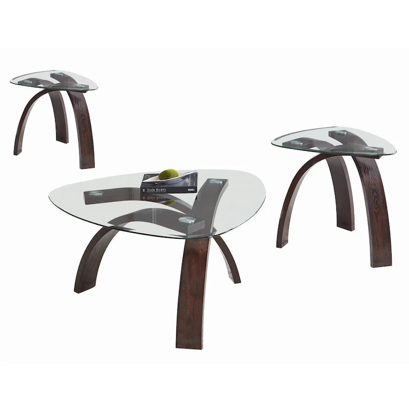 Ensemble de 3 tables d'appoint contemporaines en merisier Merlot avec plateau en verre