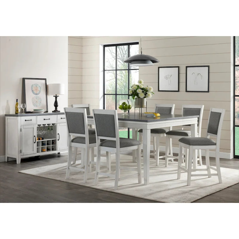 Table de salle à manger à hauteur de comptoir extensible blanche et grise/noire, peut accueillir jusqu'à 6 personnes