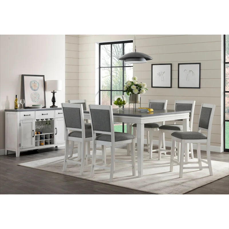 Table de salle à manger à hauteur de comptoir extensible blanche et grise/noire, peut accueillir jusqu'à 6 personnes